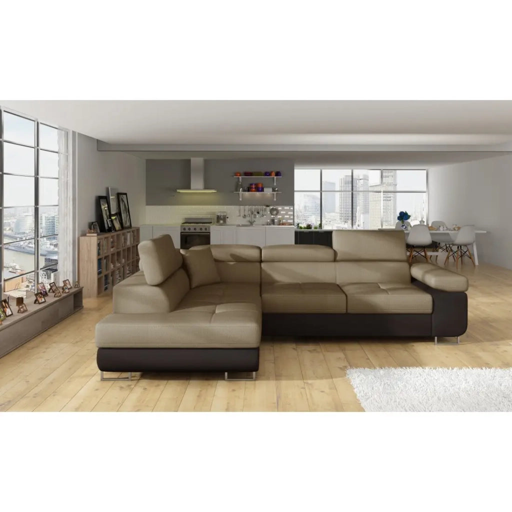 Divano angolare trasformabile MENTON beige e marrone bouclé – Angolo sinistro con contenitore