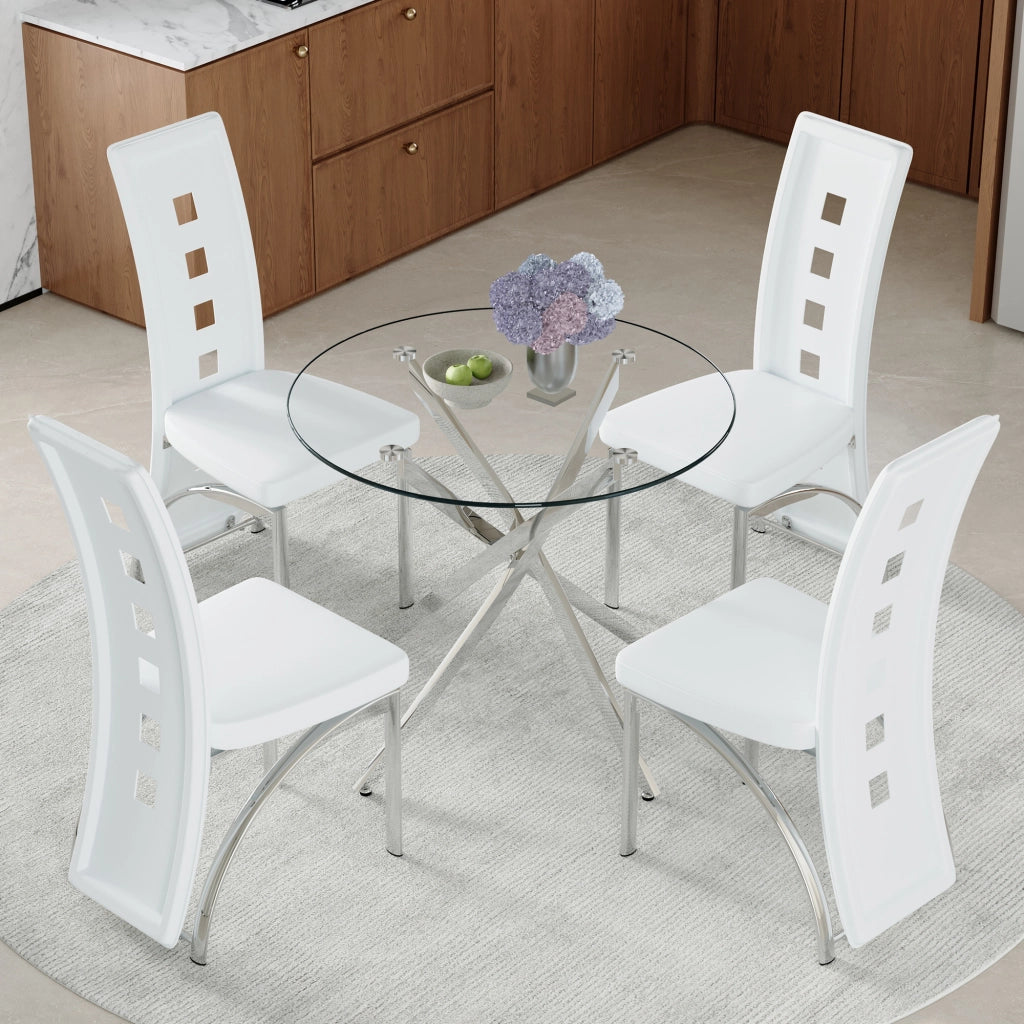 Set tavolo da pranzo e sedie con 1 tavolo rotondo e 4 sedie; vetro temperato e metallo; bianco e argento