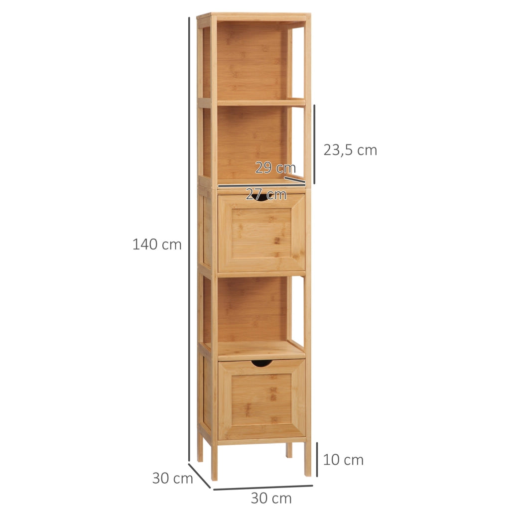 Mobiletto da bagno in bambù con 3 ripiani e 2 cassetti, sicurezza anti-ribaltamento, salvaspazio 30x30x140 cm