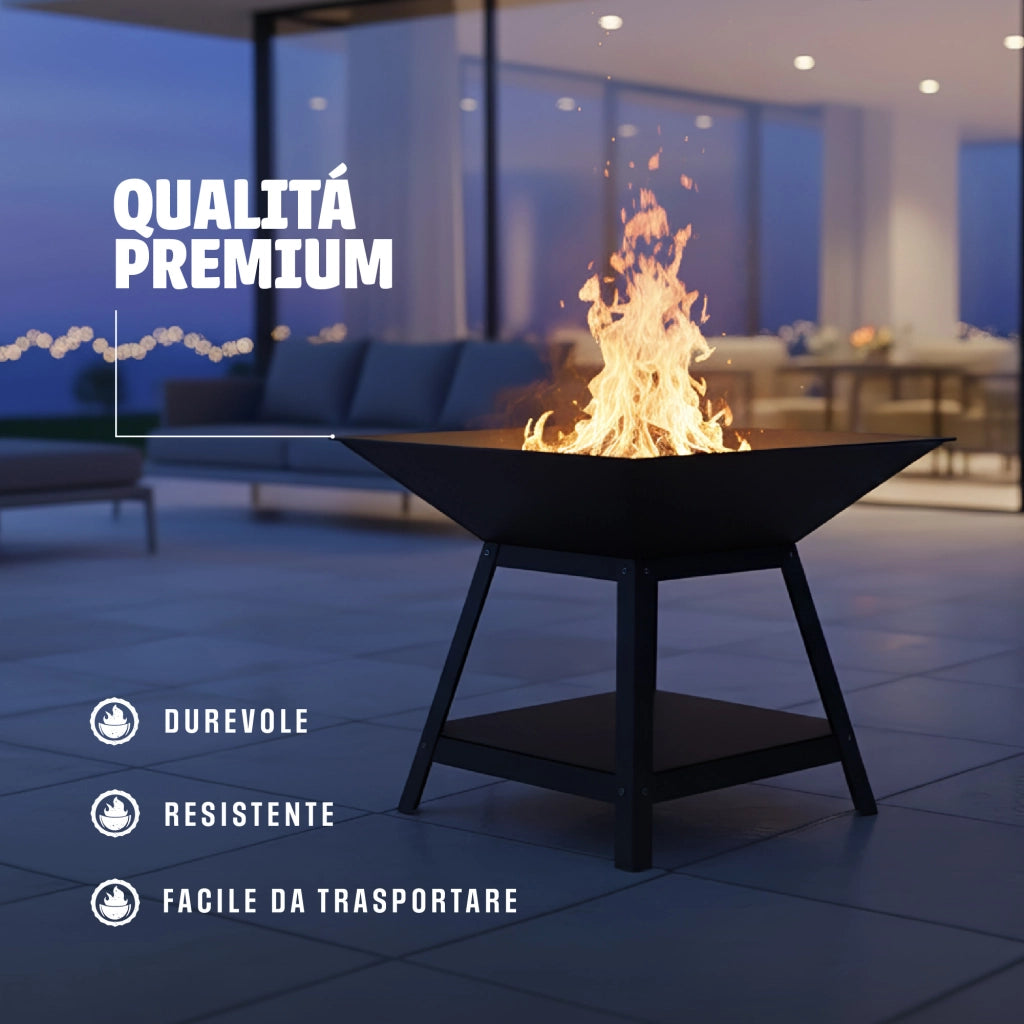 Braciere da Esterno a Legna in Ferro Verniciato a Polvere con Struttura Rialzata e Ripiano Inferiore, Fire Pit Quadrato da Giardino, Resistente alla Ruggine 56x56 cm