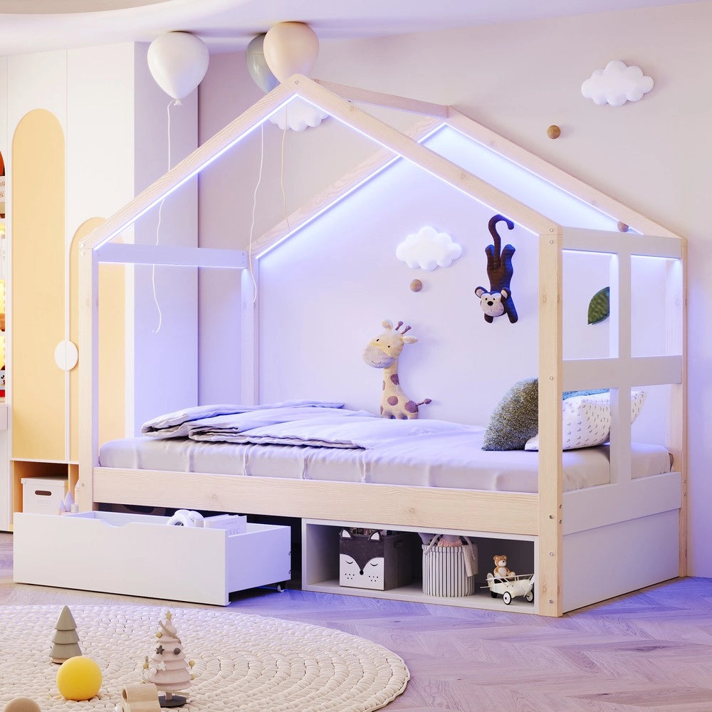 Letto Singolo in Legno con Cassetti e Armadio ¨C Xylo ¨C con LED, Rete a Doghe, 90x190