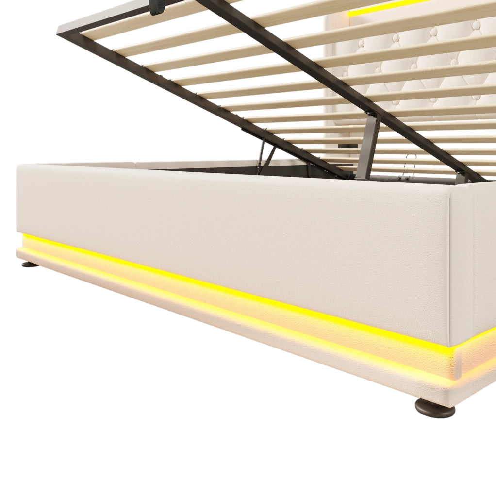 Letto matrimoniale imbottito 140x200 cm in PU bianco con LED 360掳; USB-C e contenitore idraulico