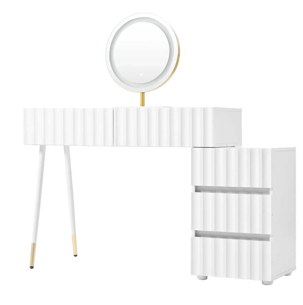 Toeletta bianca con specchio LED, 5 cassetti e modulo laterale