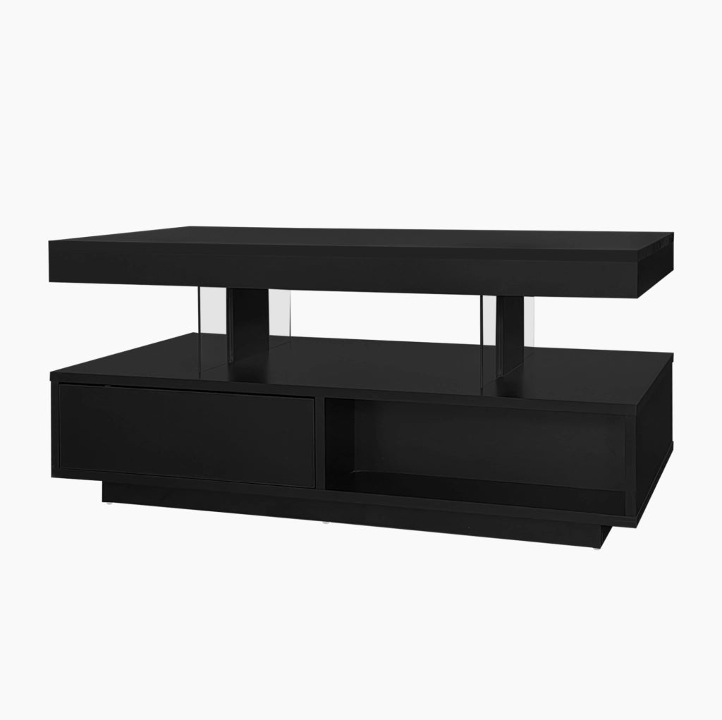 Tavolino da caffè nero lucido 95x50x42;5 cm con 4 inserti in vetro; 2 cassetti e 2 vani aperti