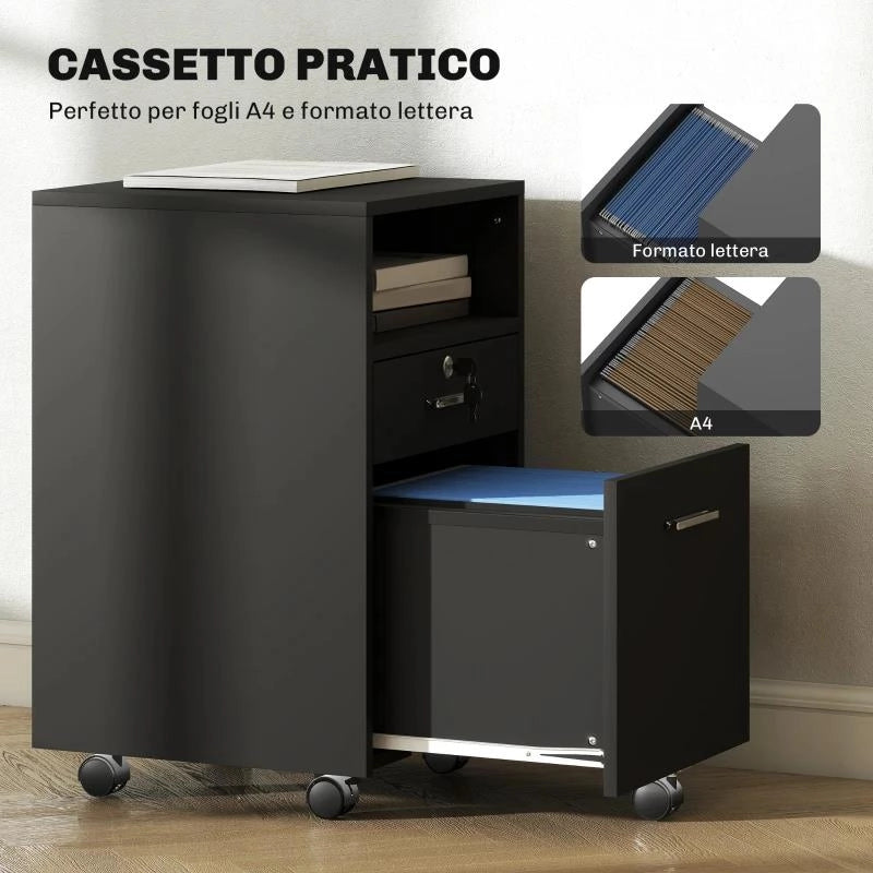CASSETTIERA DA UFFICIO PORTADOCUMENTI IN LEGNO CON 2 CASSETTI E RIPIANO APERTO, 39X40X65 CM, NERO