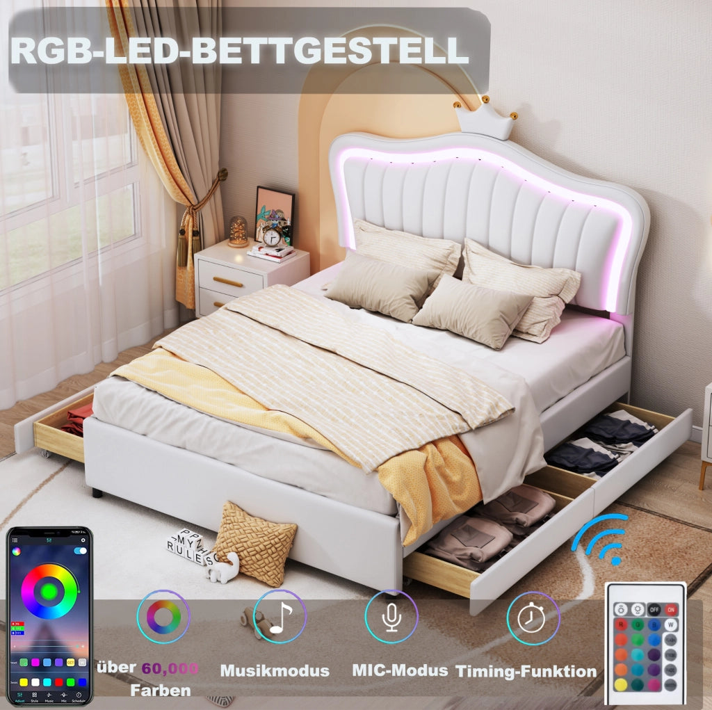 Letto per bambini imbottito 140x200 cm con 4 cassetti; LED e rete a doghe; bianco