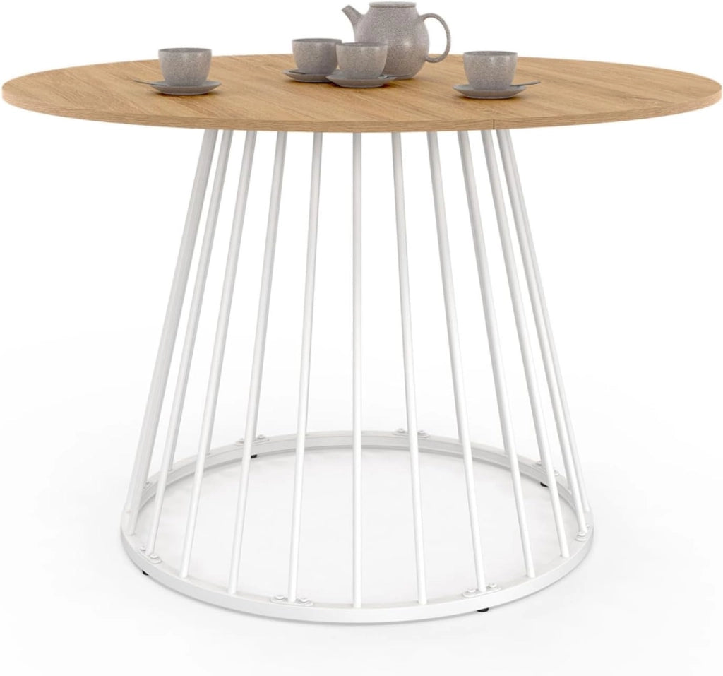 Tavolo da pranzo rotondo per 6 persone YUNA con piano in legno e gamba in filo metallico bianco 110 cm