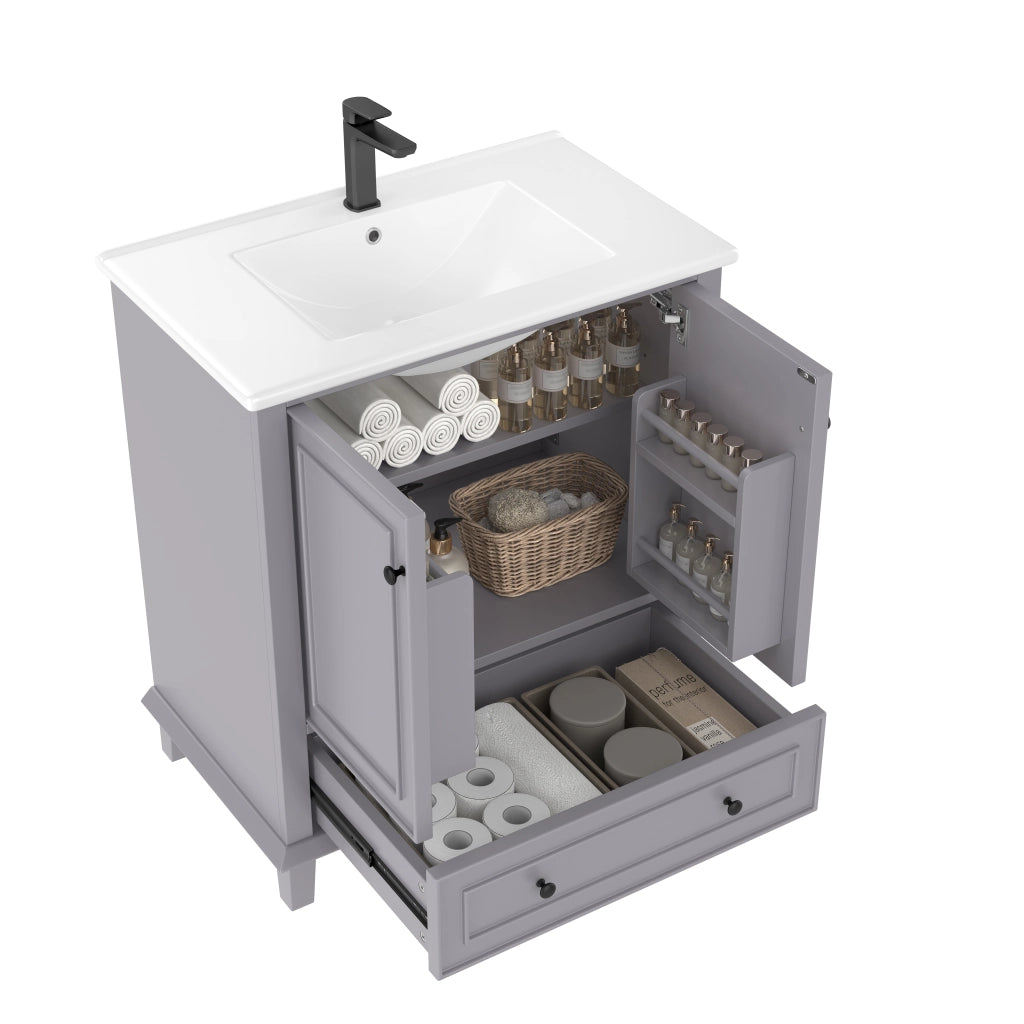 Mobile bagno freestanding 76x46x87 cm con lavabo in ceramica, 2 ante, 1 cassetto, struttura in MDF e gambe in legno massello, grigio
