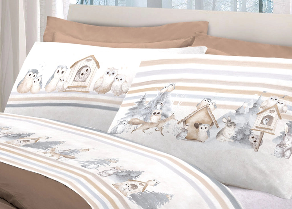 Completo Lenzuola Letto Pensieri Delicati 100% Cotone Disegno Gufi - Singolo - Beige