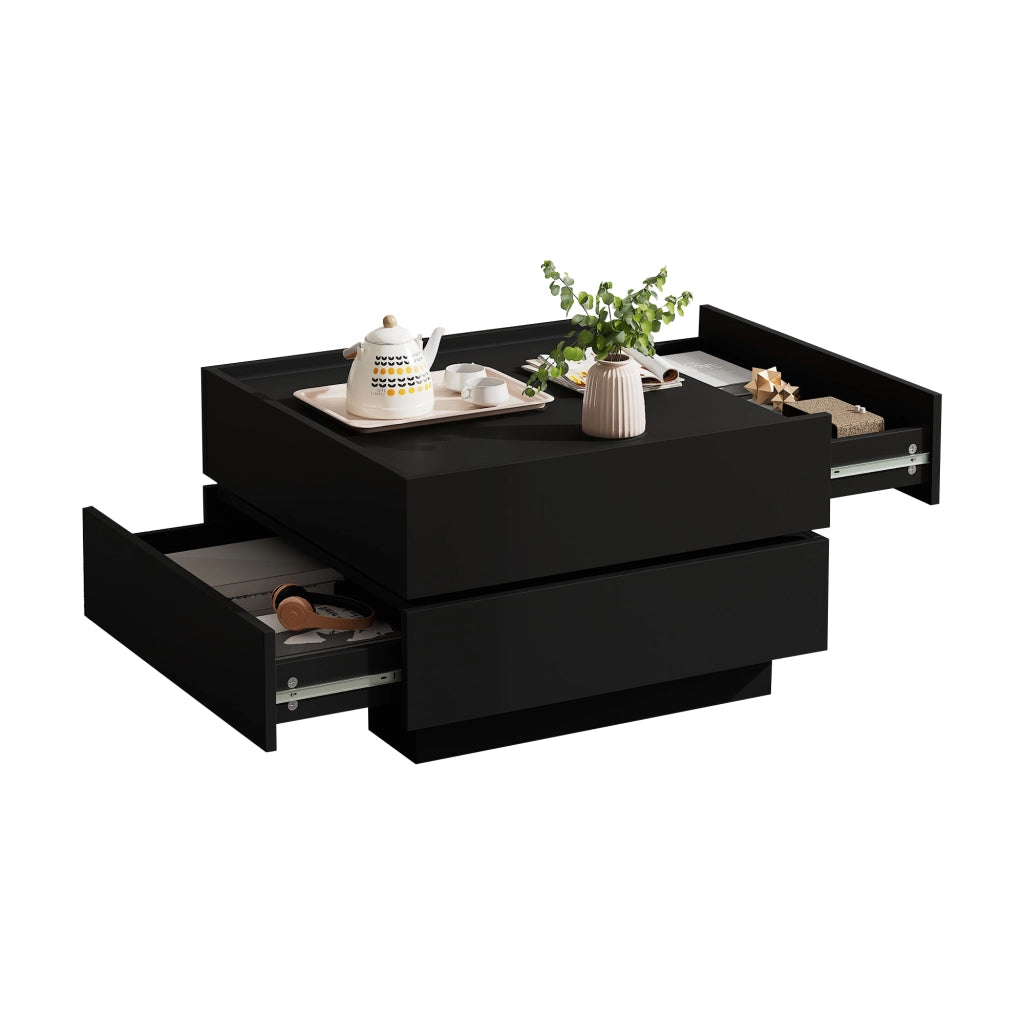 Tavolino basso girevole a 360° con 2 cassetti e bordo rialzato per soggiorno in truciolare nero 60 × 60 × 38 cm