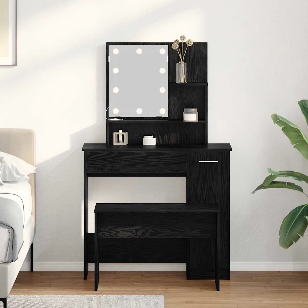 Set Tavolo da Trucco LED 2 pcs Rovere Nero Legno multistrato 3332508