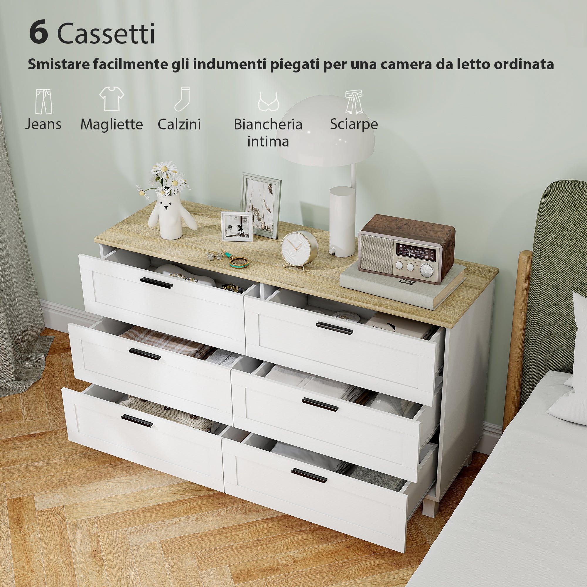 Cassettiera 6 Cassetti Moderna 120x38x71 cm in Legno di Pino e MDF Bianco e color Legno