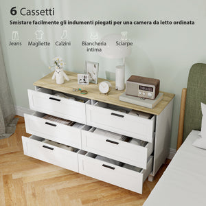 Cassettiera 6 Cassetti Moderna 120x38x71 cm in Legno di Pino e MDF Bianco e color Legno