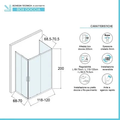 Box doccia 70x120x70 cm con doppio scorrevole trasparente H 200 cm Ted