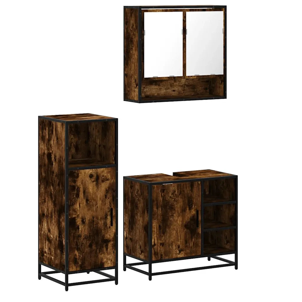 Set Mobili da Bagno | Armadio da bagno 3 pz Rovere Fumo in Legno Multistrato