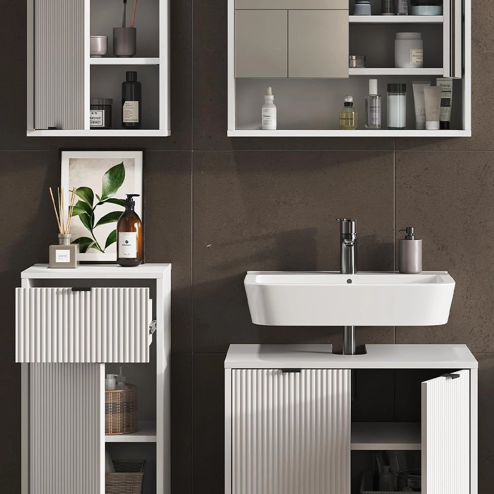 Set di mobili da bagno Eliza, Bianco, 70 cm, composto da mobile sottolavabo, specchiera, armadio medio e pensile