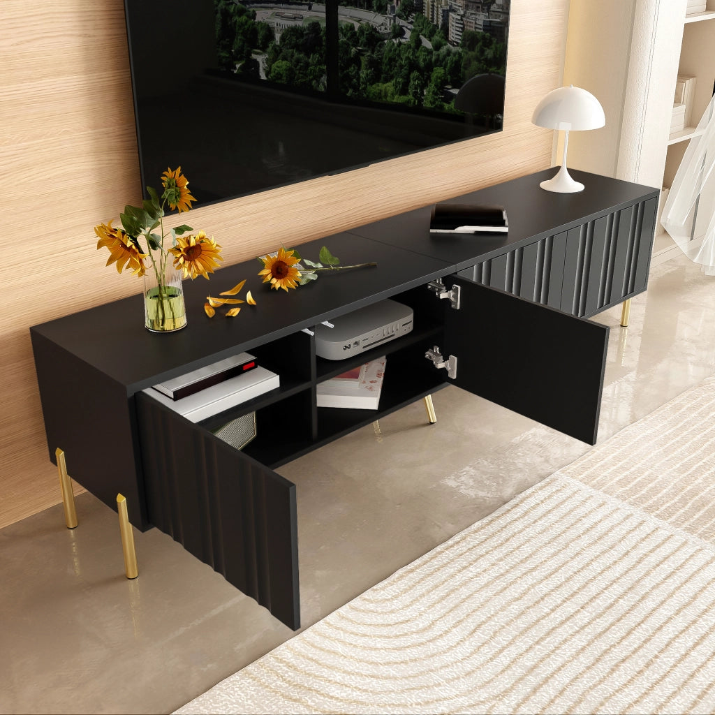 Mobile porta TV con quattro ante e otto ripiani in MDF e pannello truciolare nero, con gole verticali 190 × 38 × 48 cm