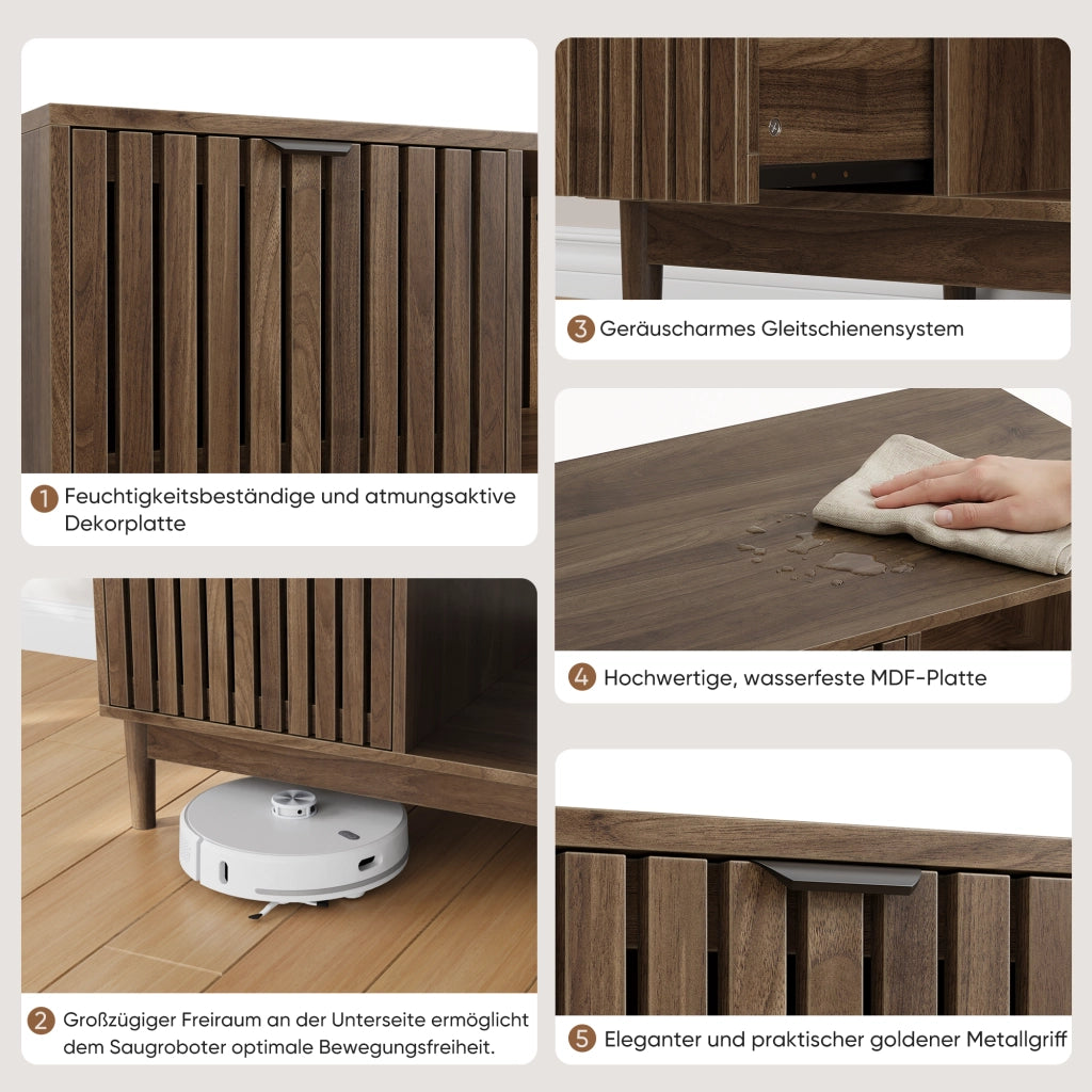 Tavolino basso fisso con nicchia e ripiani aperti in MDF colore noce 80 × 50 × 45 cm