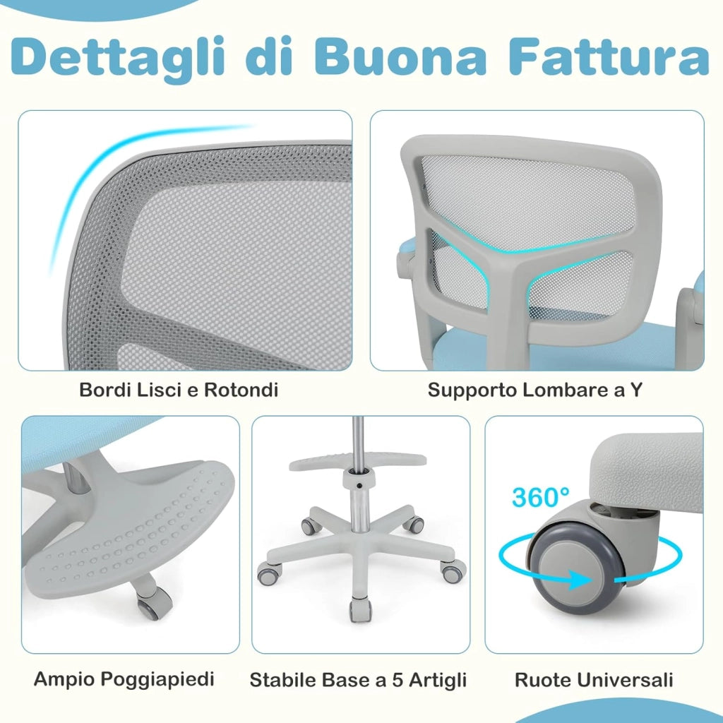 Sedia da Scrivania Bambini Girevole, Altezza Regolabile, Sedia da Studio per Ragazzi con Braccioli a Ribalta e Poggiapiedi, Poltrocina in Rete per Bambini 3-15 Anni, Portata 150 kg (Blu)
