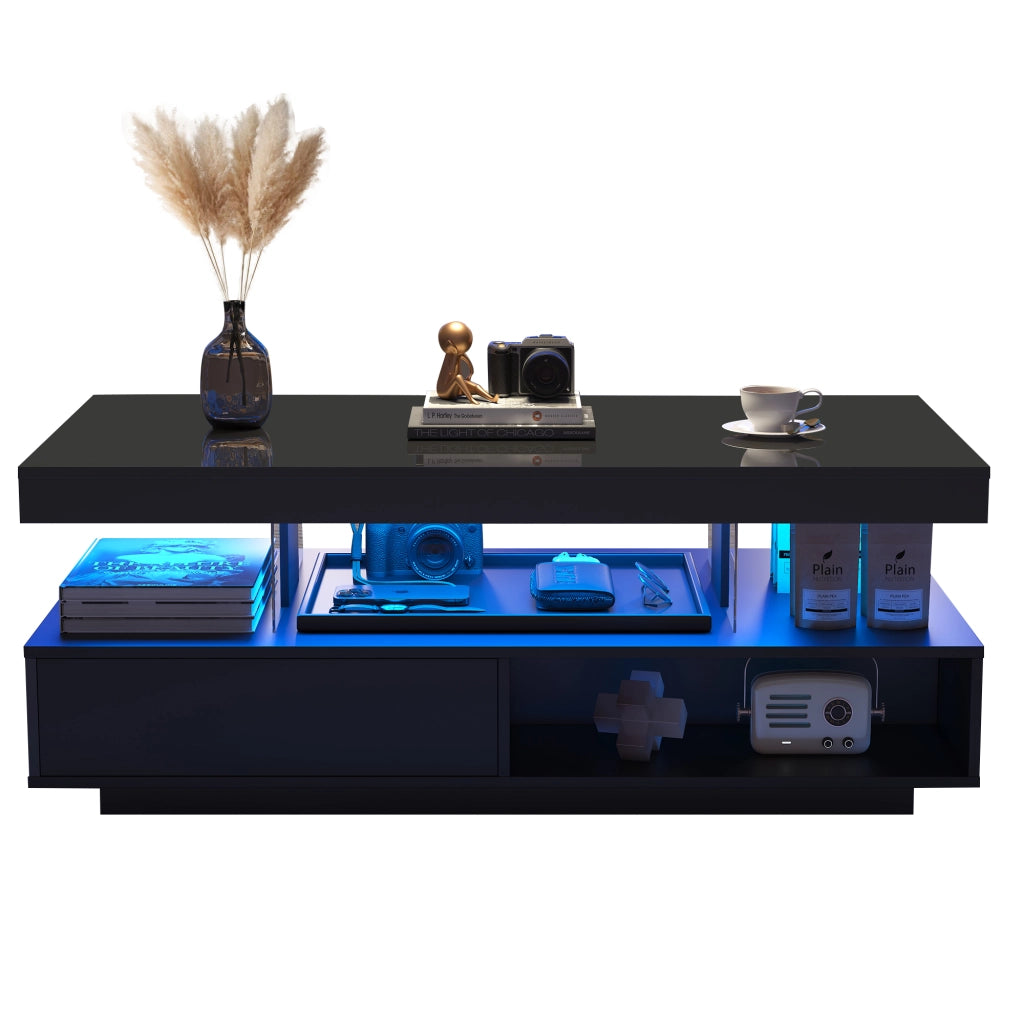 Tavolino da caff¨¨ nero lucido 95x50x42,5 cm con 4 inserti in vetro, 2 cassetti e 2 vani a giorno