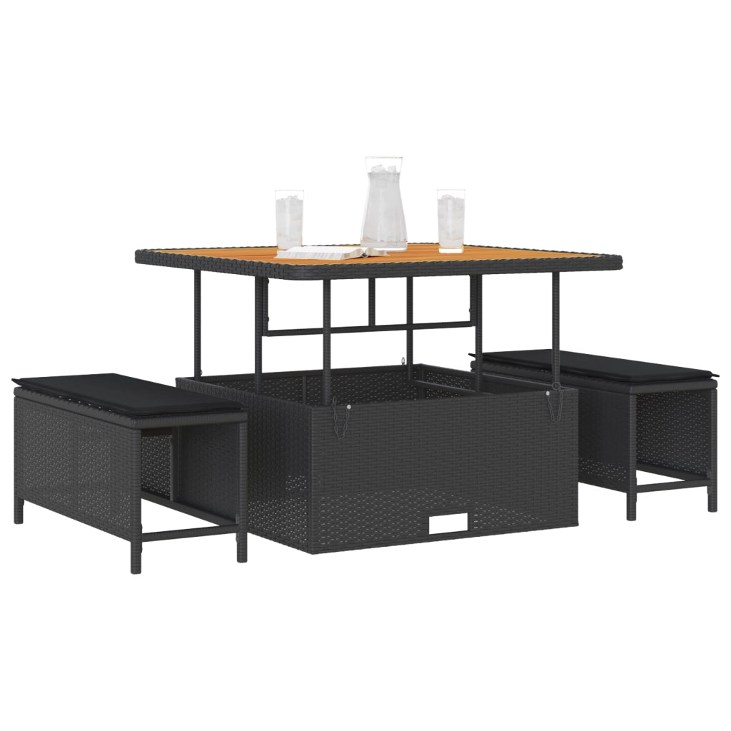 Set da pranzo da giardino in 3 pezzi con cuscini neri in polyrattan e acacia