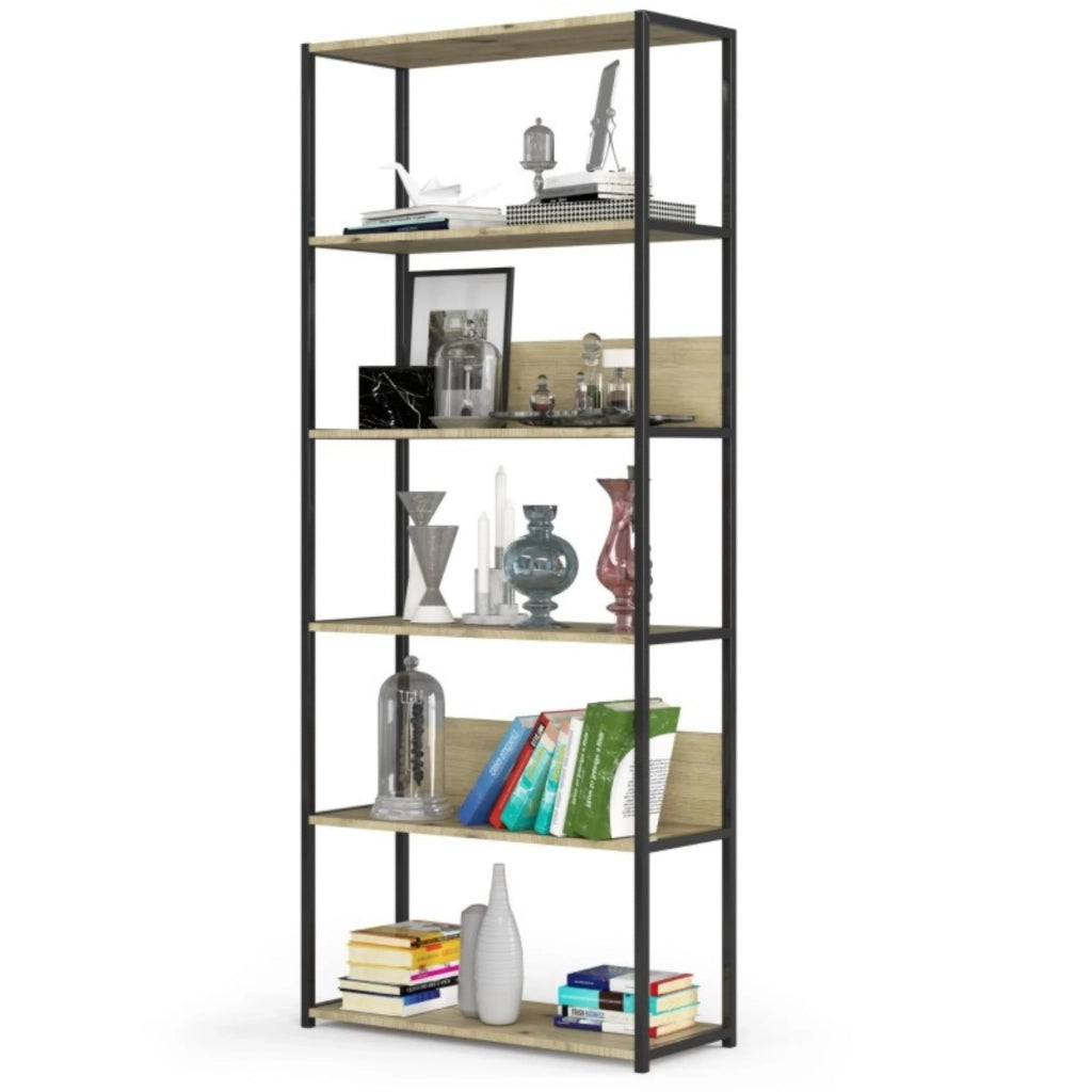 Scaffale stilo loft con ripiani in legno 80 cm Nera 80 cm inserto frontale Quercia Artisan 80x32x192 cm