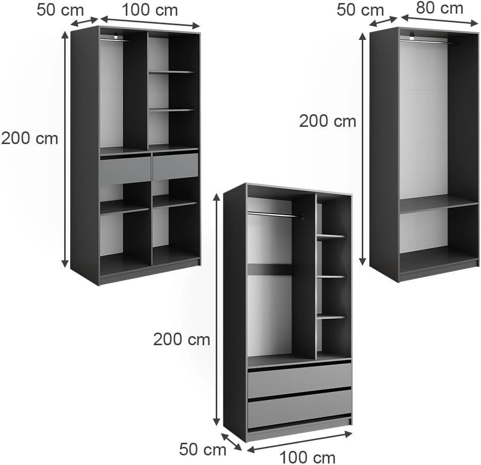 Armadio Elmo, Antracite, 280 x 200 cm Set di 3, per una conservazione flessibile di diversi capi di abbigliamento