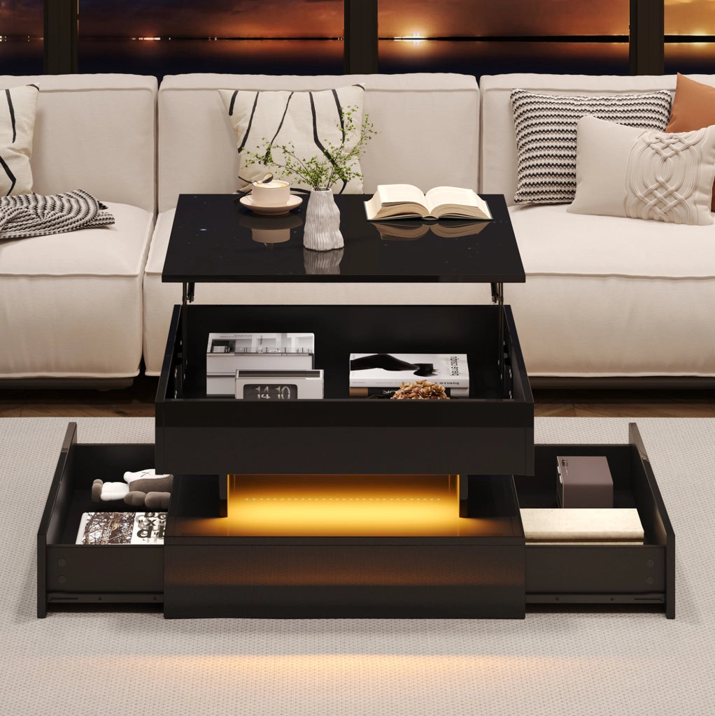 Tavolino da caffè elevabile LED nero 65x65 cm con 2 cassetti