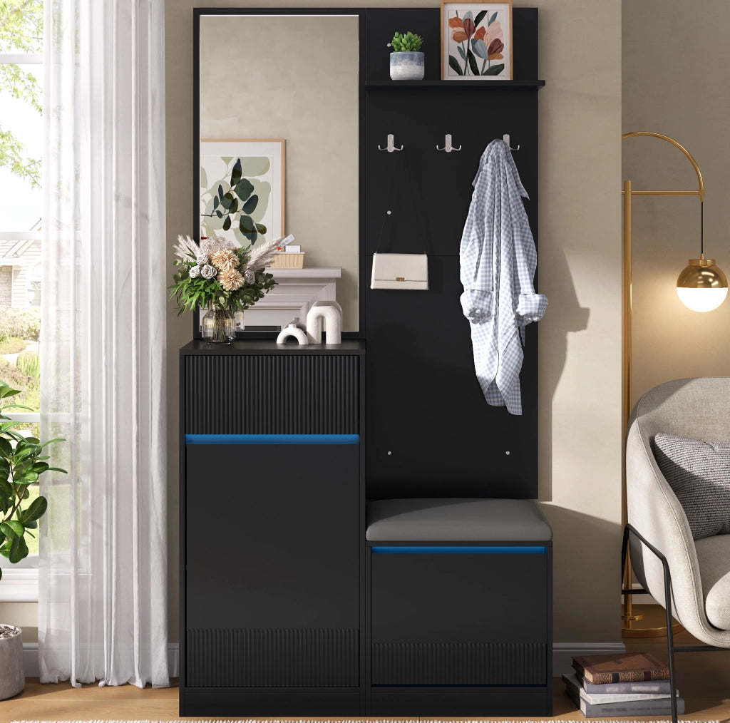Mobile da ingresso 105x38x190 cm nero in MDF con LED e scarpiera
