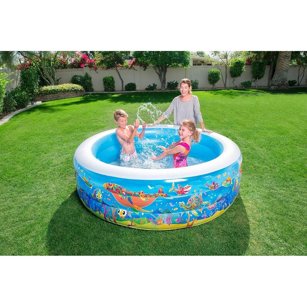 Trade Shop - Piscina Rotonda Gonfiabile Per Bambini 196x53 Cm A 3 Anelli Fantasia Pesci 016133 -