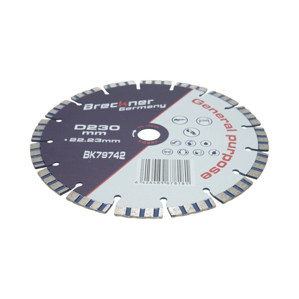 Disco diamantato turbo segmentato 230x22,23 mm, segmento 10 mm per cemento armato, pietra dura, autobloccanti Breckner Germany
