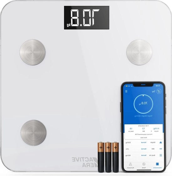Pompa Digitale con Bluetooth - 15 Funzioni - Peso del Corpo Preciso - BMI - Viscerali - App per Smartphone Gratuita - Bianco