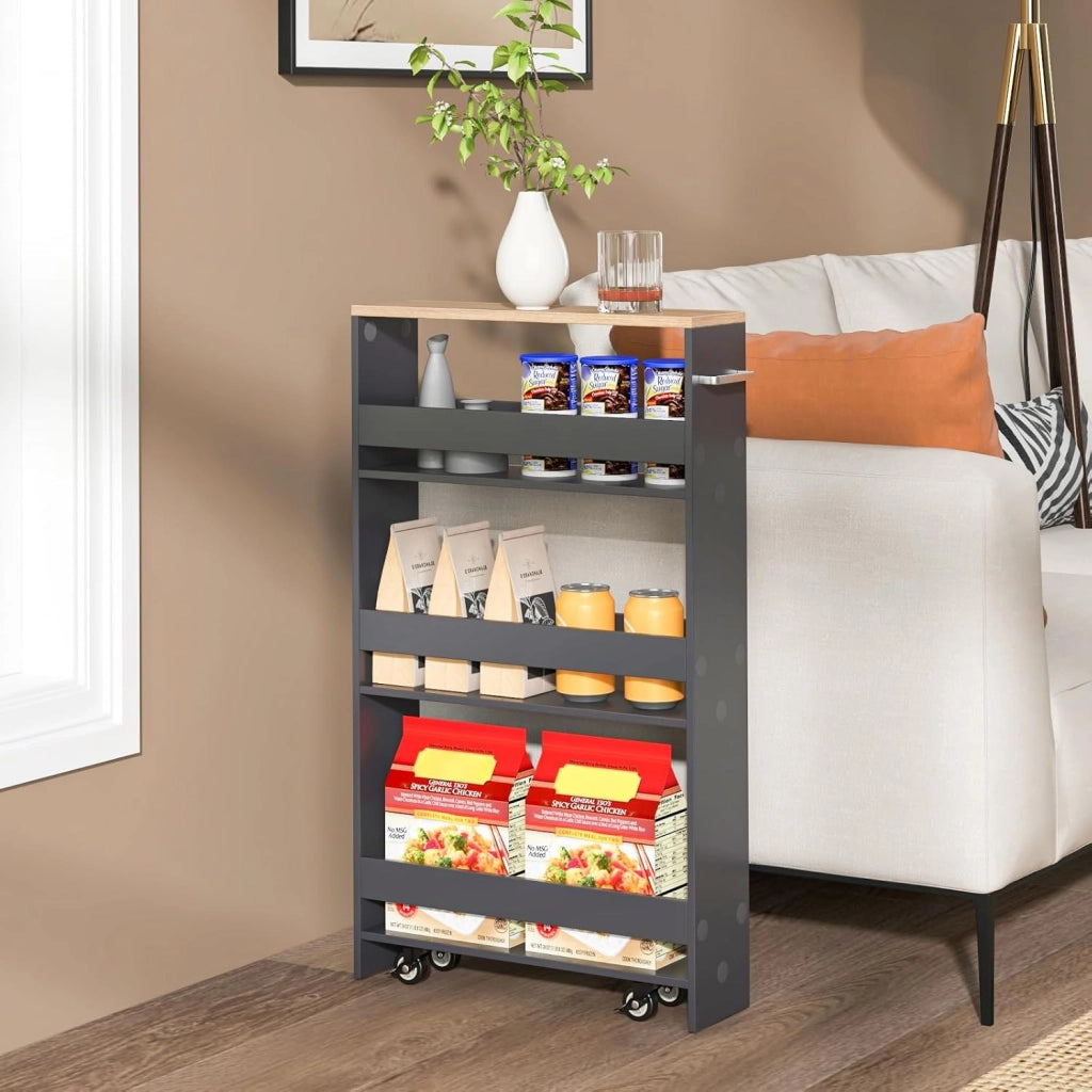 Carrello per Nicchia con Ruote, 4 Livelli，Carrello di Servizio Stretto Salvaspazio, da Bagno, Scaffale da Cucina Sottile 47,5 x 13 x 80,5 cm (Naturale+Grigio, Largo 13 cm)