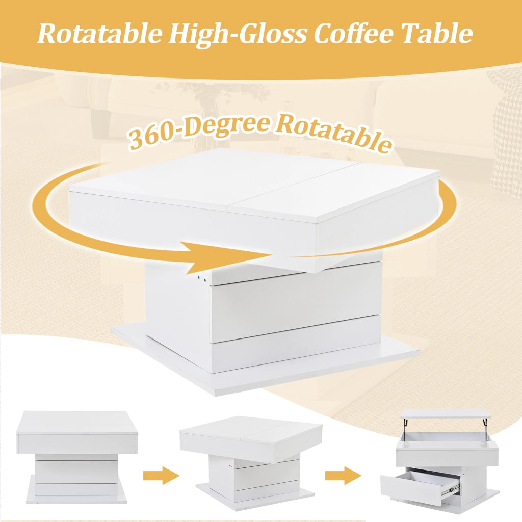 Tavolino da salotto quadrato sollevabile con 1 cassetto e vano nascosto; piano girevole a 360°; per soggiorno; 70 × 70 × 45 cm