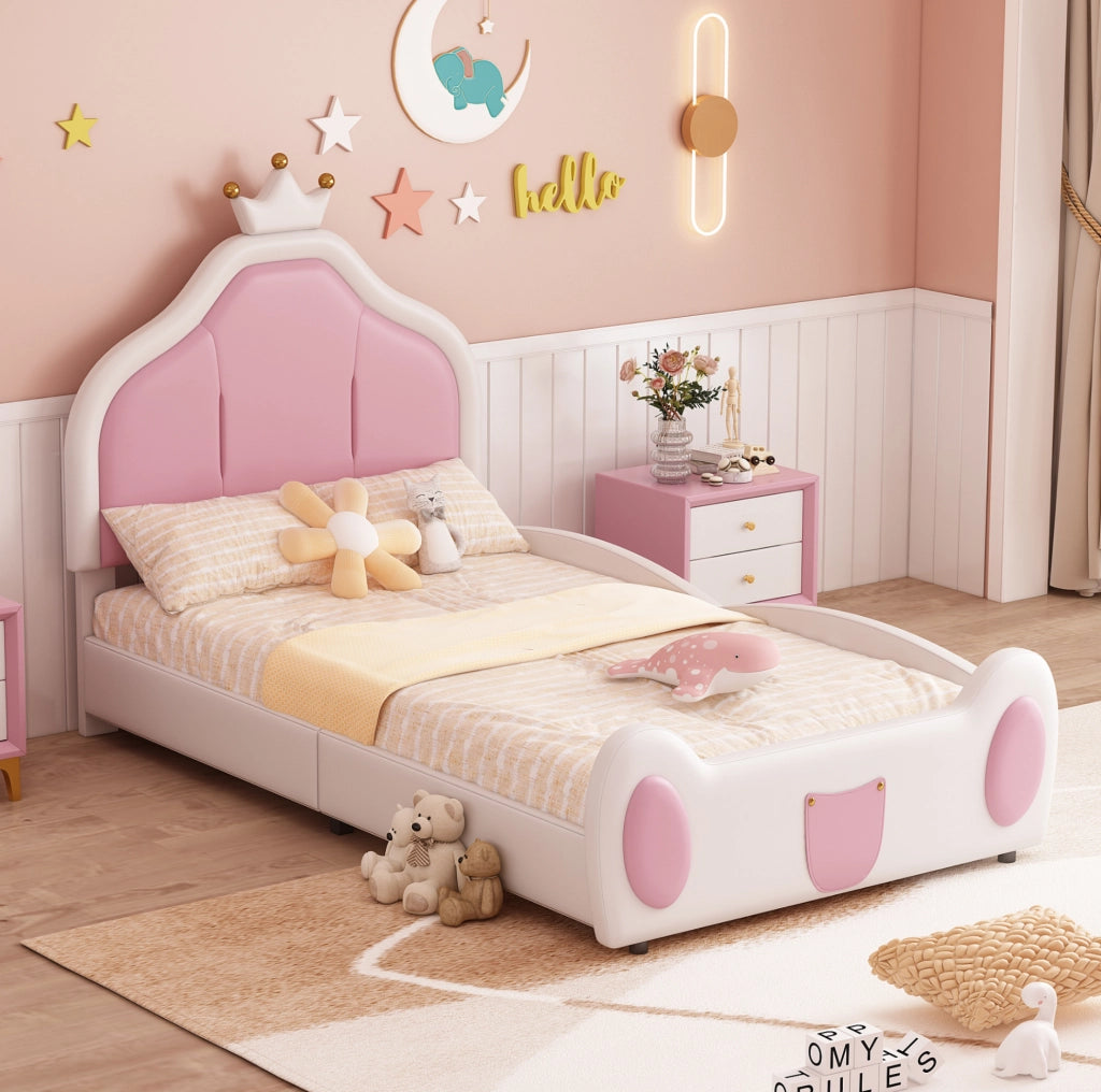 Letto per bambini imbottito 90x200 cm con testiera a corona; bianco e rosa in similpelle