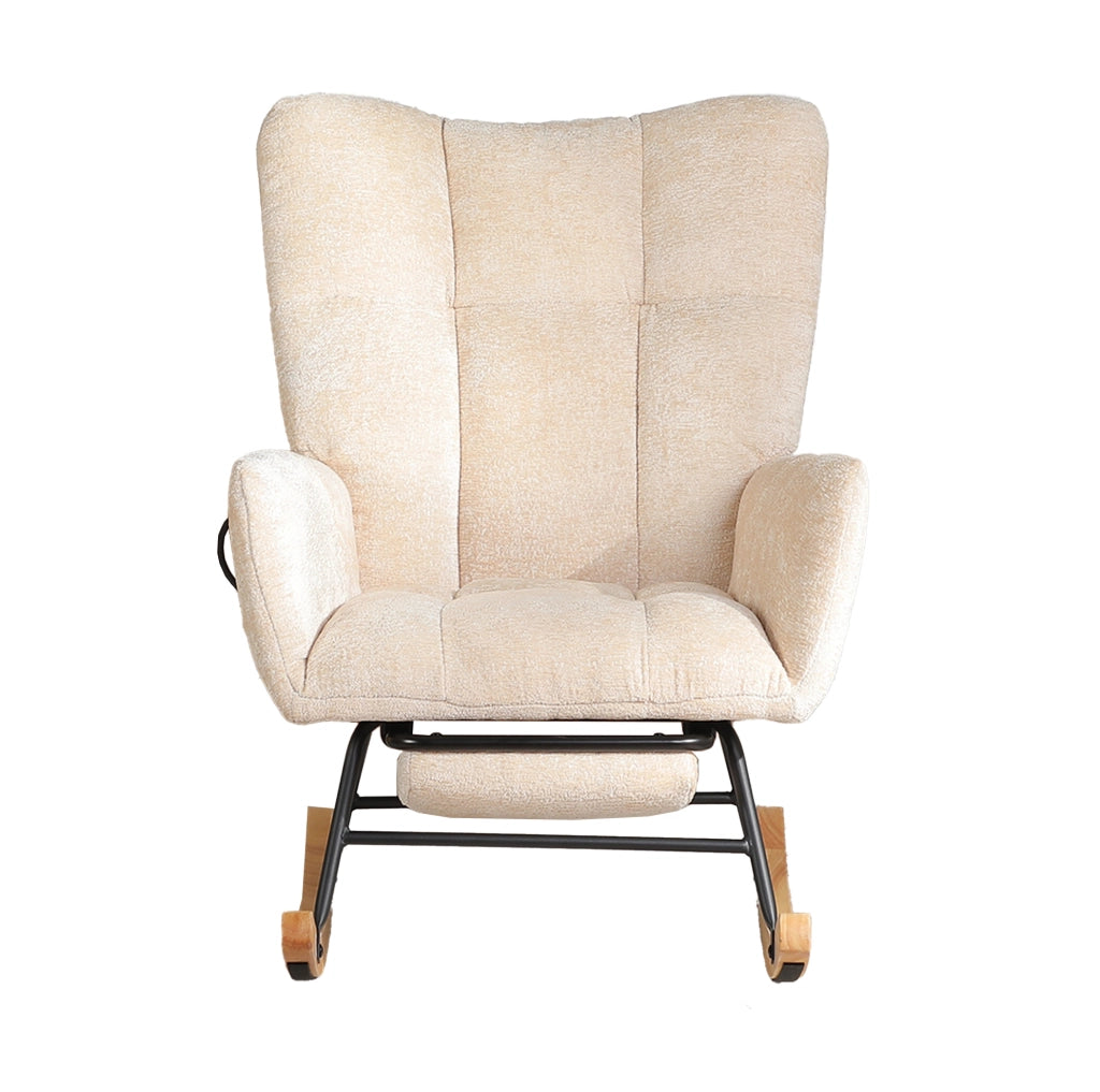 Sedia a dondolo con schienale alto e braccioli in chenille beige