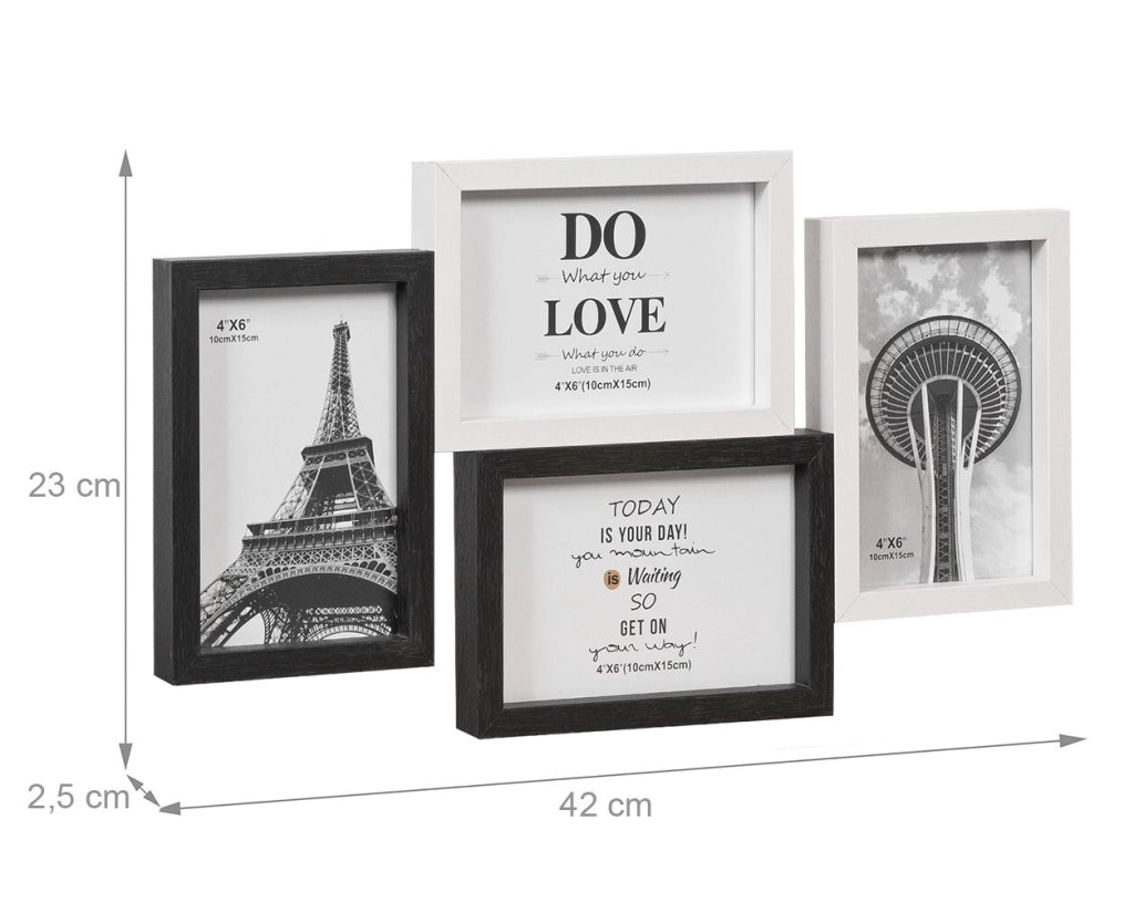 Cornice Portafoto Multipla Mosaico Legno MDF Parete Bianco Nero 4 Foto Da 10x15 Cm
