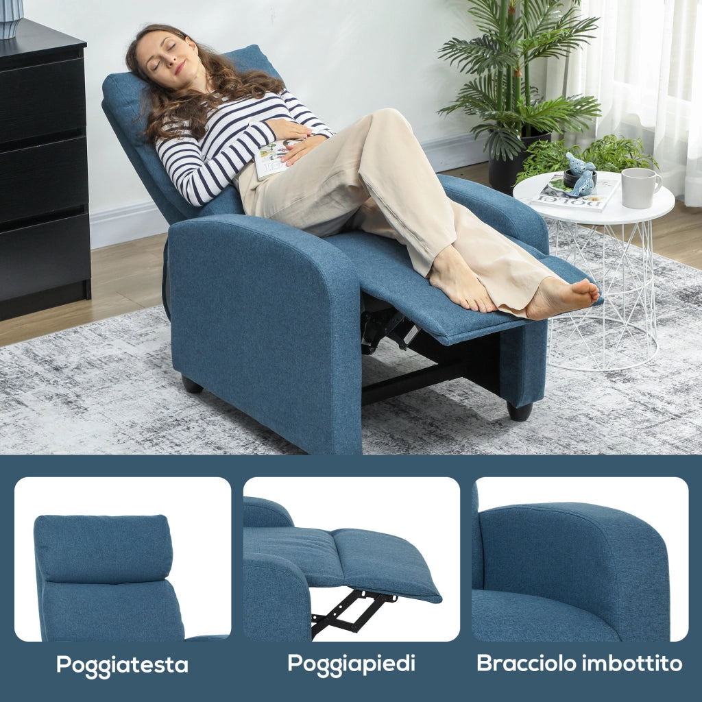 Poltrona Relax Reclinabile Manualmente con Poggiapiedi e Imbottita in Tessuto, Blu