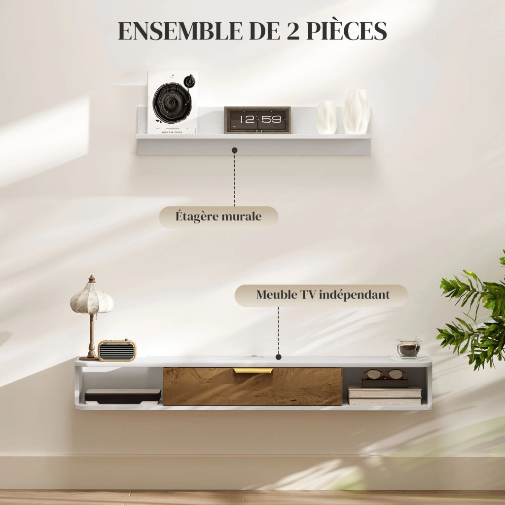 Mobile TV sospeso con ripiano ¨C zephmum ¨C bianco legno 120x24x16 cm