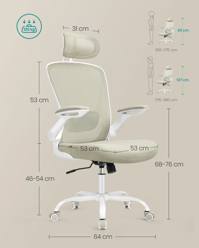 Sedia da ufficio ergonomica in tela con supporto lombare imbottito meccanismo a dondolo seduta larga 53 cm braccioli pieghevoli e poggiatesta beige 12_0004843