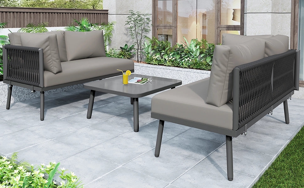 Set giardino lounge: metallo forma L; corda grigia intrecciata; cuscini seduta; piedini regolabili; 2 Divanooi + 1 tavolo
