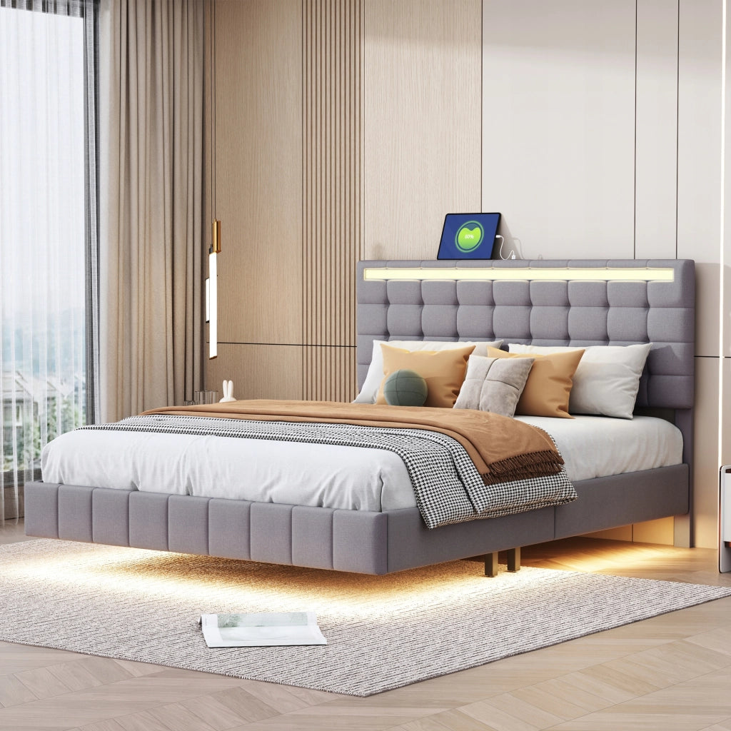 Letto imbottito 140x200 grigio con illuminazione a LED - Xylo