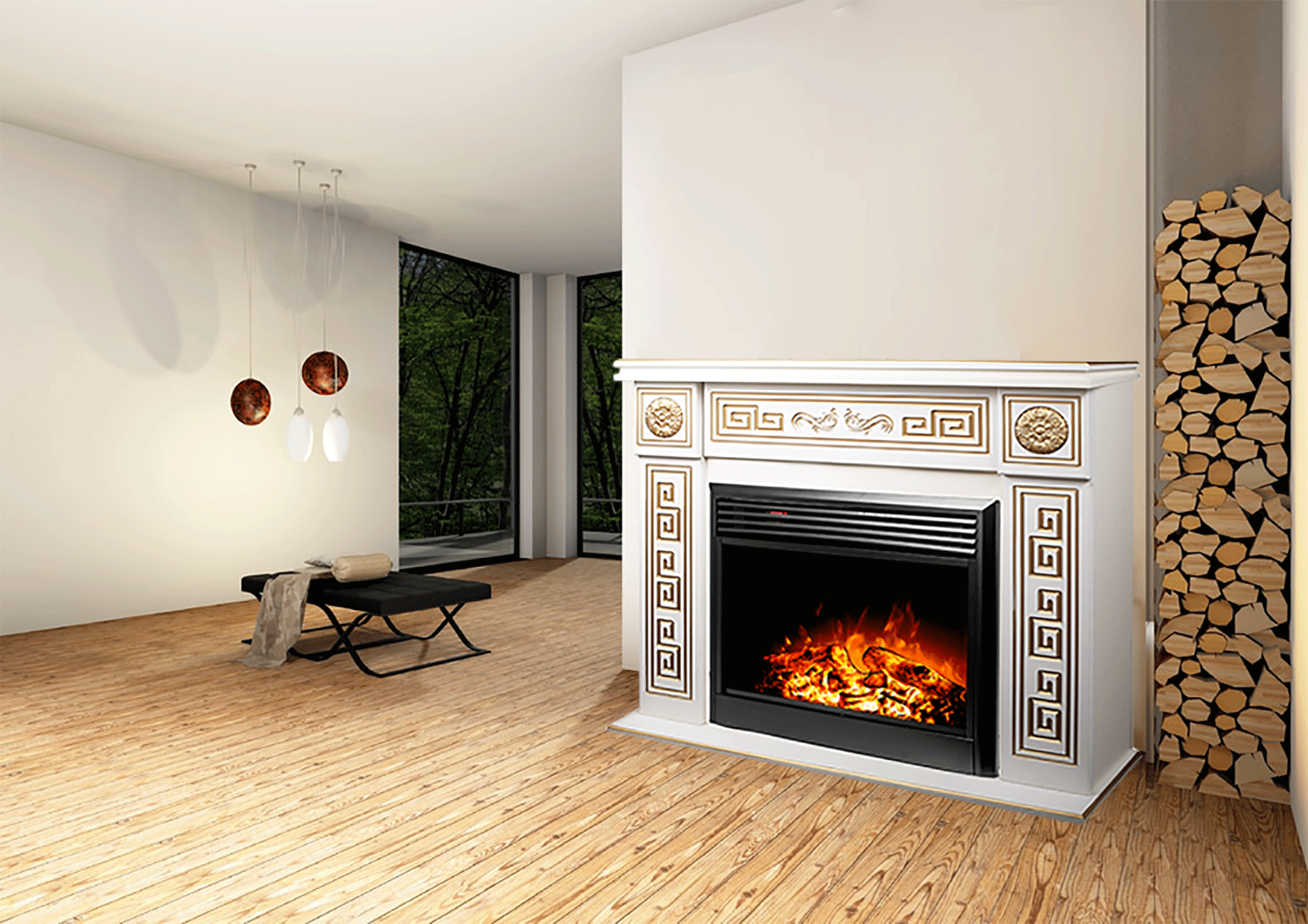 Camino Elettrico da Pavimento 101x140x33 cm Effetto Fiamma 1950W Versailles Maxi & Mirabella Avorio