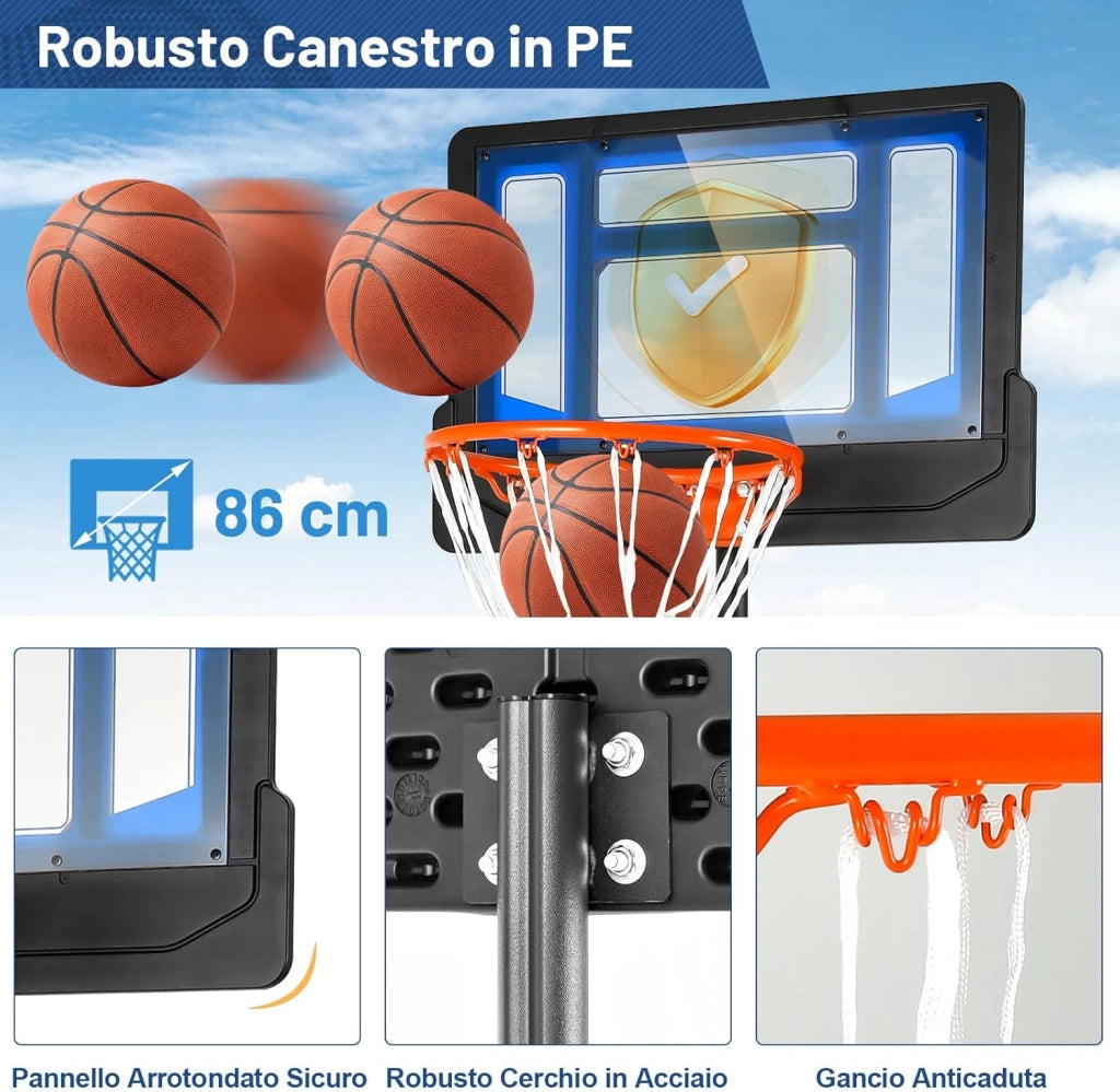 Canestro Basket da Interno ed Esterno Portatile e Regolabile in Altezza 90-210cm, Canestro da Basket per Bambini con Ruote, Incavo per Pallone e Tabellone Infrangibile