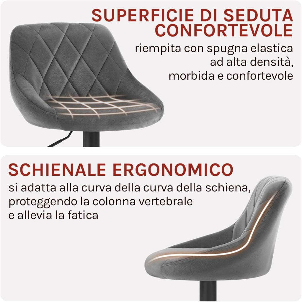 Sgabello da Bar Moderno Girevole Sedia Cucina Alta con Schienale Quadrato Poggiapiedi Senza Braccioli Altezza Regolabile in Velluto Grigio Scuro 1 Pezzo