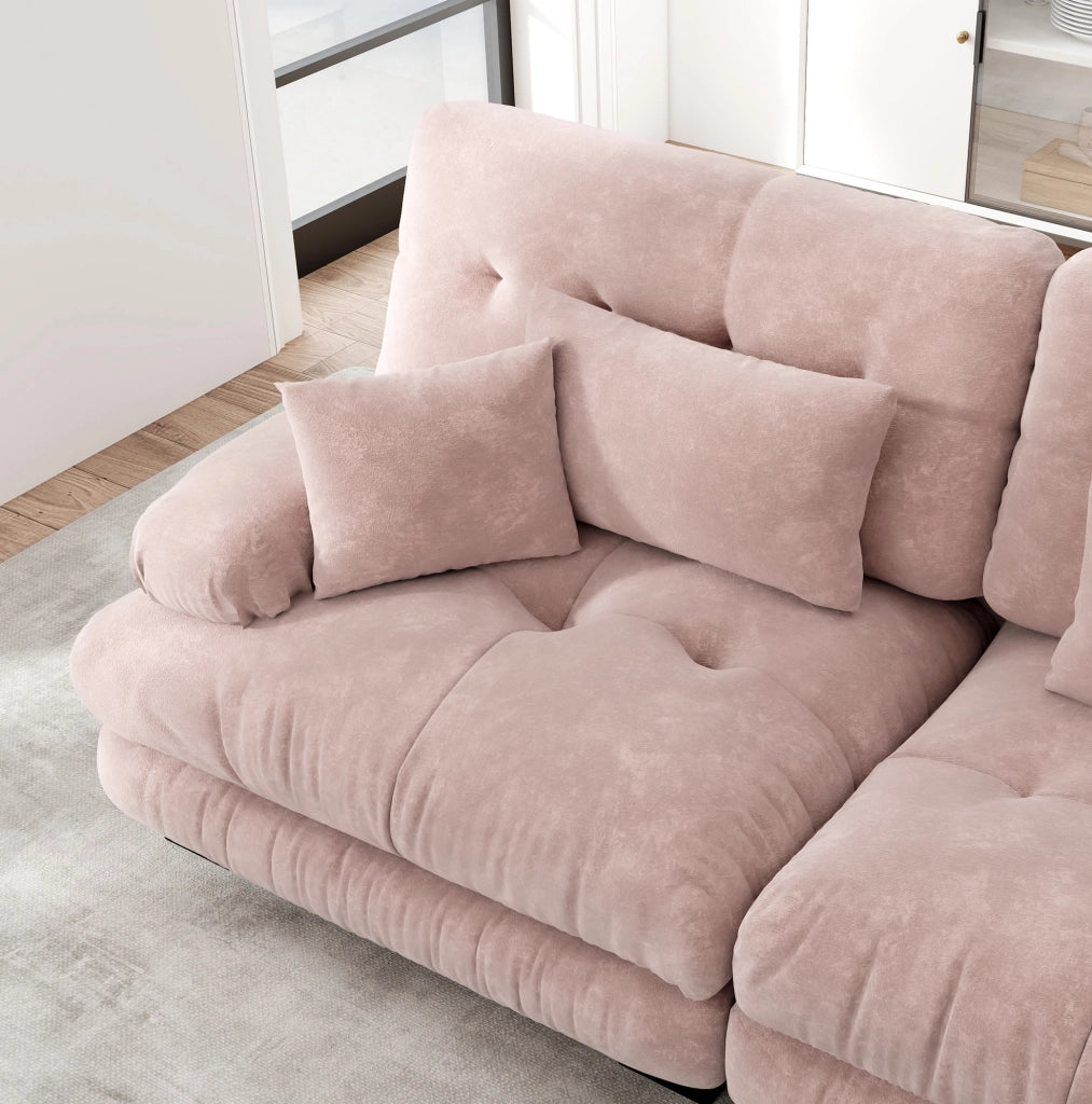 Divano angolare 220x77x81 cm con seduta cloud; cuscini lombari; chenille; rosa