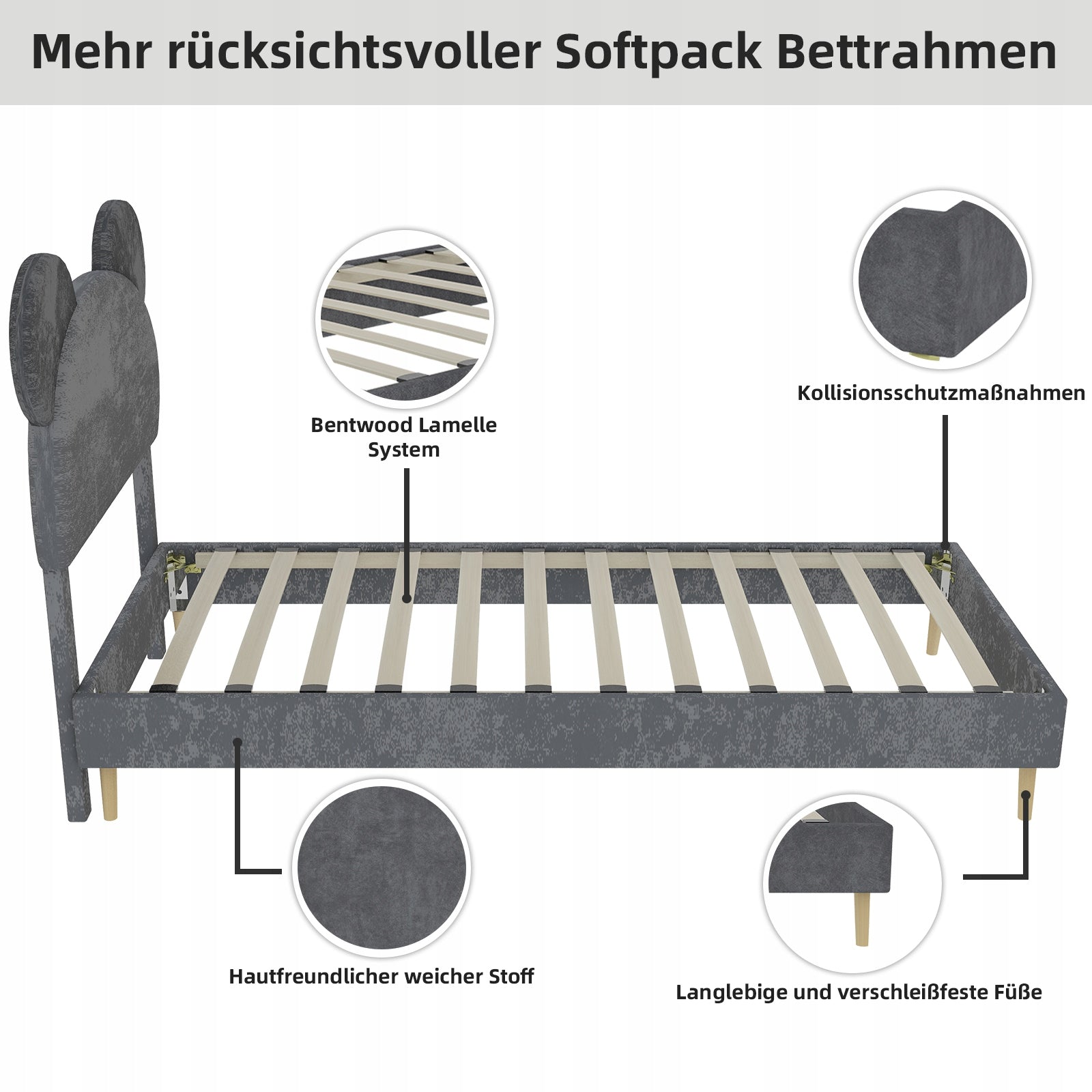 Letto imbottito 90x200 - Xylo - Minimalista, grigio