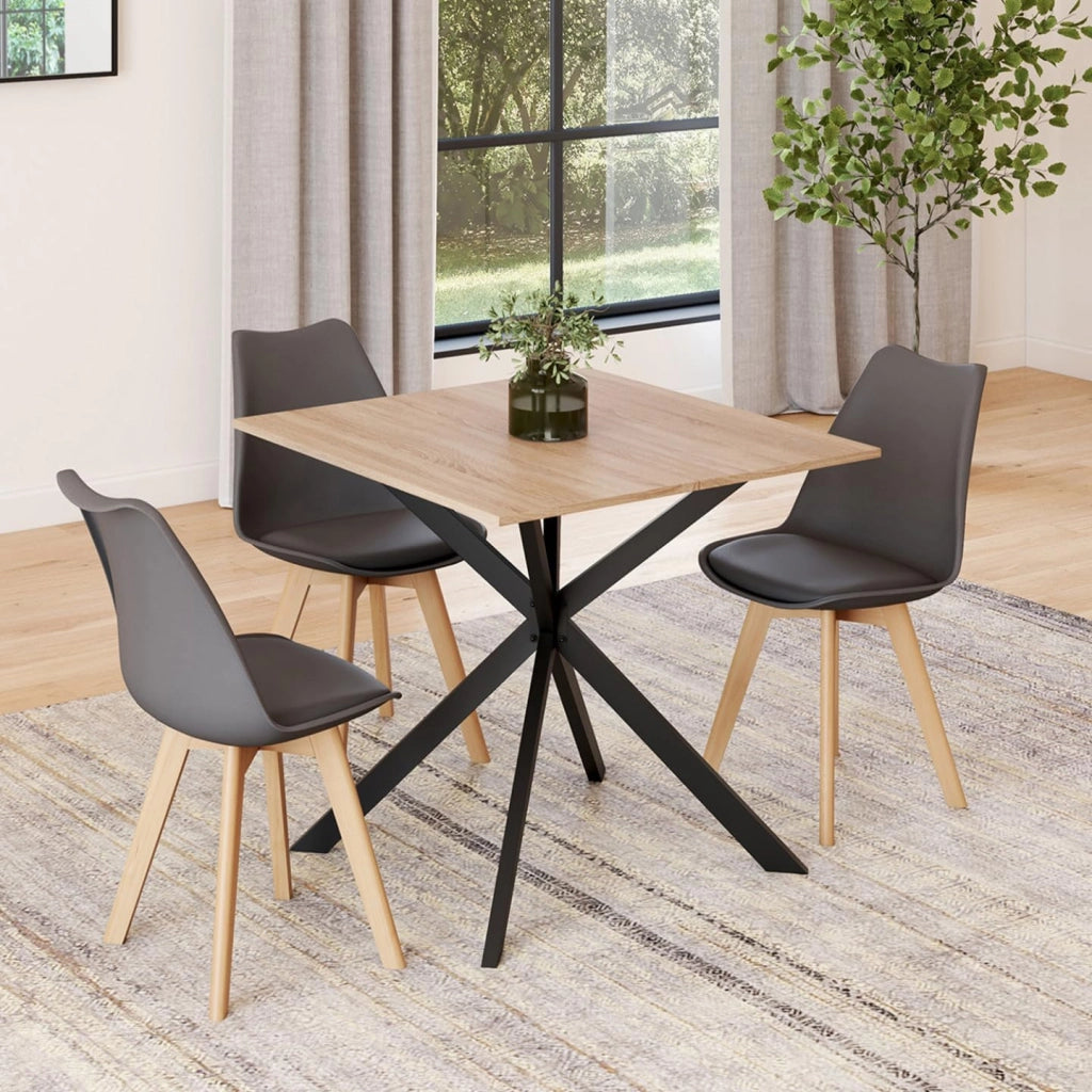 ALIX Tavolo da pranzo quadrato allungabile per 4-6 persone con gamba in legno e ragno nero 80-120 cm