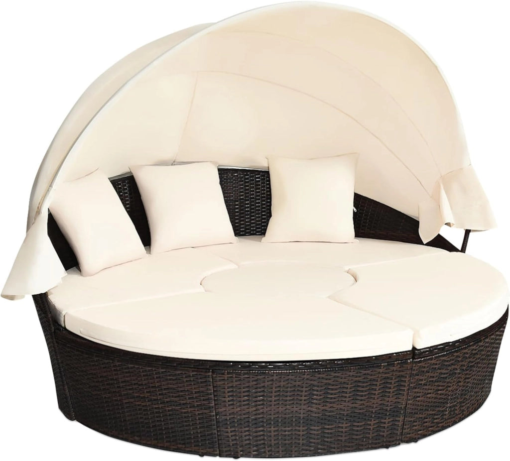 Letto Isola da Giardino, Divano Prendisole con Tettuccio Retrattile, con Sedili Cuscini Impermeabili Sfoderabili, Tavolino Regolabile in Altezza (Beige)