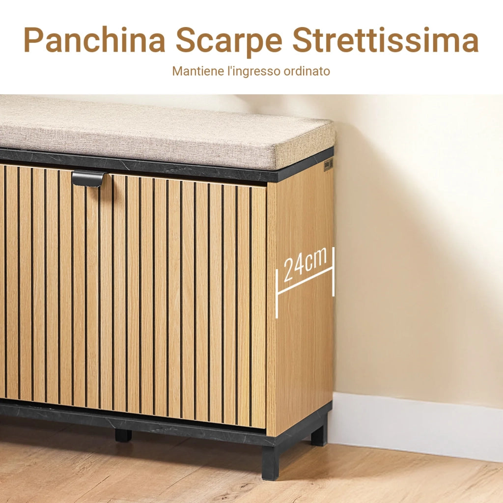 SoBuy Scarpiera Ingresso Panca Contenitore Scarpiera Salvaspazio Slim con Seduta Imbottita Mobile Ingresso Legno per Camera da Letto e Corridoio Nero Effetto Marmo e Legno 60x24x50cm FSR201-N